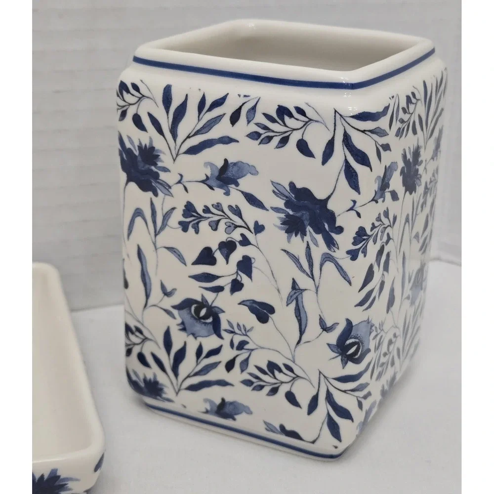 Southern Living Caroline Blue/White Floral Chinoiserie Lot/2 Vanity Tray/Holder